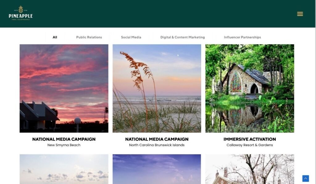 Filterable Pineapple PR client work and case studies on the redesigned website