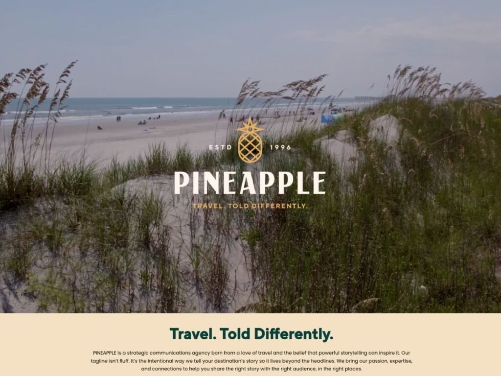 Redesigned Pineapple PR homepage featuring Travel Told Differently and selected work