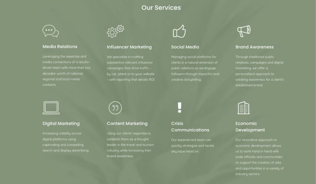 Pineapple PR services displayed in an eight-column capability grid on the previous website