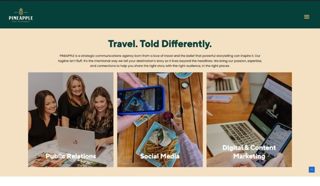 Pineapple PR public relations, social media and digital marketing pages after the redesign